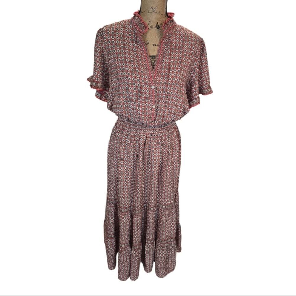 Boho Midi Dress Ruffle Neck Short Sleeve Geometric Print Smocked Waist